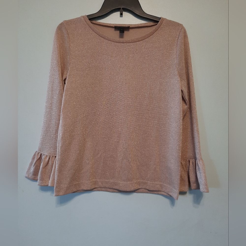 J. Crew Women's S Rose Gold Metallic Long Sleeve w/Ruffle Cuffs Pullover Sweater